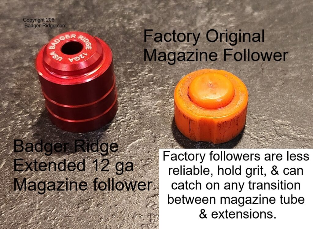 Comparing Badger Ridge Al extended 12ga mag follower to factory plastic follower